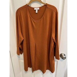 Denim Co XL Knit Tunic 3/4 Sleeve Orange Pleat Front Stretch Round Neck Preowned